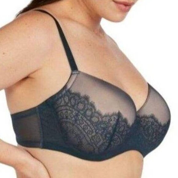 Thirdlove Eyelash Lace Demi Bra Power Mesh Darkest Teal & Gold Women's Size 44D - Picture 2 of 16